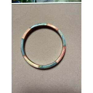 Carved Bone Bangle Bracelet Multicolor Inlay 2.5” Boho